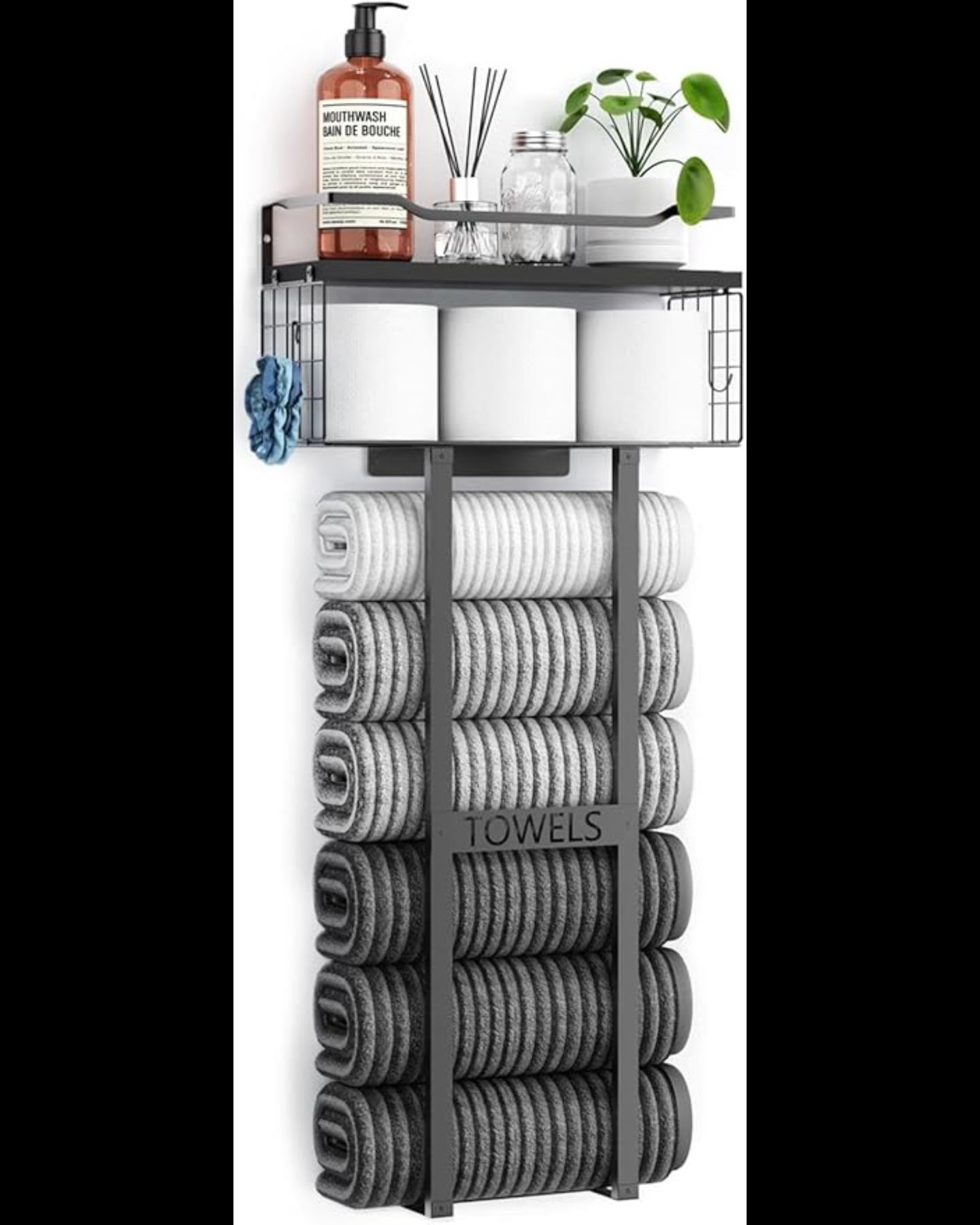 6-Towel Capacity Wall Mounted Storage Rack with Wood Plank