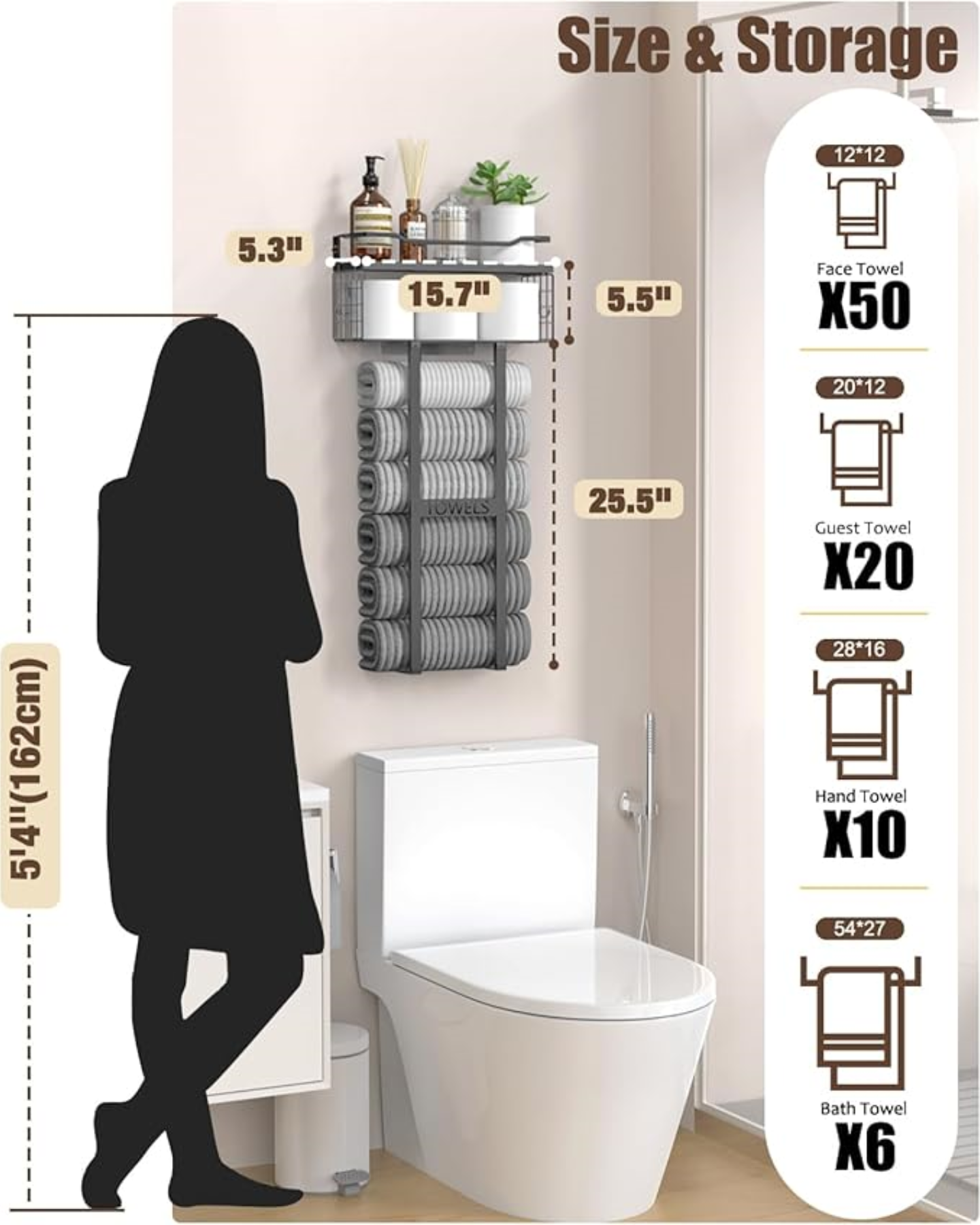 6-Towel Capacity Wall Mounted Storage Rack with Wood Plank